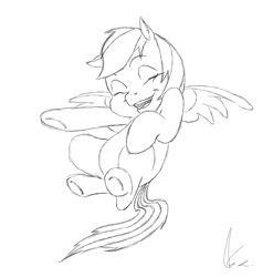 Size: 637x645 | Tagged: safe, rainbow dash, pegasus, pony, filly, filly rainbow dash, floating, flying, laughing, monochrome, pointing, sketch, solo