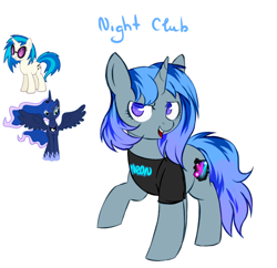 Size: 810x783 | Tagged: safe, artist:koteikow, dj pon-3, princess luna, vinyl scratch, oc, pony, unicorn, clothes, fusion, shirt