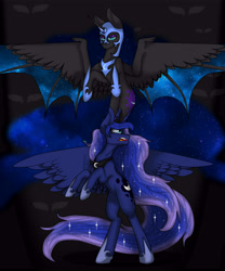 Size: 5000x6000 | Tagged: safe, artist:laedyblu, nightmare moon, princess luna, alicorn, pony, absurd resolution, duality, fangs, flying, rearing