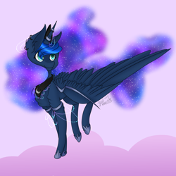 Size: 3850x3850 | Tagged: safe, artist:zombiecupcake101, princess luna, alicorn, pony, crown, female, jewelry, large wings, mare, regalia, signature, smiling, solo, wings