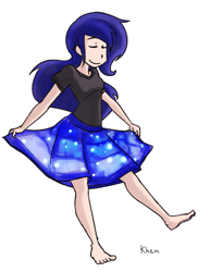 Size: 850x1100 | Tagged: safe, artist:kprovido, princess luna, human, barefoot, clothes, cute, eyes closed, feet, female, human coloration, humanized, shirt, simple background, skirt, skirt lift, smiling, solo, t-shirt, white background