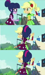 Size: 913x1536 | Tagged: safe, derpibooru import, edit, screencap, applejack, sci-twi, twilight sparkle, equestria girls, friendship games, applelove, cute, discovery family logo, high five, hug