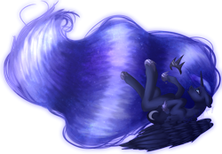 Size: 2375x1650 | Tagged: safe, artist:seriouslygoofy101, princess luna, alicorn, pony, crying, floppy ears, flying, galaxy mane, simple background, solo, transparent background, upside down