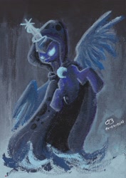 Size: 1978x2793 | Tagged: safe, artist:reptilianbirds, princess luna, alicorn, pony, acrylic painting, cloak, clothes, glowing eyes, glowing horn, magic, snow, solo, spirit of hearth's warming yet to come, traditional art