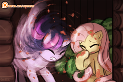 Size: 1125x750 | Tagged: safe, artist:lumineko, derpibooru import, fluttershy, twilight sparkle, twilight sparkle (alicorn), alicorn, pegasus, pony, the hooffields and mccolts, duo, female, food, mare, patreon, patreon logo, scene interpretation, shaking, tomato, wet-dog shake