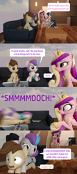 Size: 1920x4320 | Tagged: safe, artist:red4567, pound cake, princess cadance, princess flurry heart, shining armor, alicorn, pony, unicorn, 3d, book, clothes, comic, female, glomp, kissing, male, pounce, poundflurry, shipping, shorts, sofa, source filmmaker, straight