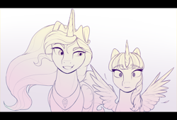 Size: 2186x1480 | Tagged: safe, artist:8bitamy, derpibooru import, princess celestia, twilight sparkle, twilight sparkle (alicorn), alicorn, pony, female, lineart, mare, monochrome, wingboner, wip