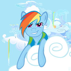 Size: 800x800 | Tagged: safe, artist:feifeiji, rainbow dash, pegasus, pony, blue coat, cloudsdale, female, mare, multicolored mane