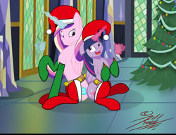 Size: 1500x1150 | Tagged: safe, artist:killkatt, princess cadance, twilight sparkle, twilight sparkle (alicorn), alicorn, pony, chocolate, christmas tree, clothes, floppy ears, food, hat, hot chocolate, magic, santa hat, sitting, smiling, socks, telekinesis, tree, twilight's castle