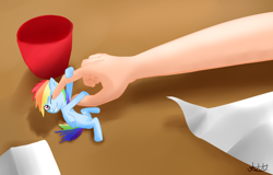 Size: 1200x766 | Tagged: safe, artist:sweetcommando, rainbow dash, human, hand, incorrect leg anatomy, mini, tiny