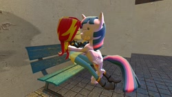 Size: 1360x768 | Tagged: safe, artist:mk513, derpibooru import, sunset shimmer, twilight sparkle, twilight sparkle (alicorn), alicorn, equestria girls, 3d, bench, female, gmod, interspecies, kissing, lesbian, shipping, sunsetsparkle