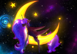 Size: 1024x724 | Tagged: safe, artist:crystalleye, princess luna, alicorn, classical unicorn, pony, color porn, floppy ears, galaxy, leonine tail, moon, prone, solo, space, stars, tangible heavenly object, unshorn fetlocks