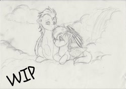 Size: 1024x724 | Tagged: safe, artist:andropov97, rainbow dash, soarin', pegasus, pony, female, male, shipping, sketch, soarindash, straight, wip