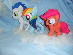 Size: 640x480 | Tagged: safe, artist:legadema, rainbow dash, scootaloo, soarin', cloud, irl, photo, plushie, scootalove, soarindash