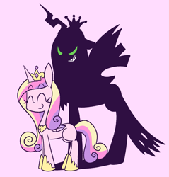 Size: 1457x1527 | Tagged: safe, artist:typhwosion, princess cadance, queen chrysalis, alicorn, changeling, changeling queen, pony, disguise, disguised changeling, fake cadance, grin, shadow, smiling