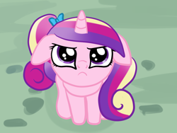 Size: 1024x768 | Tagged: safe, artist:kuromi, princess cadance, alicorn, pony, :c, angry, cadance is not amused, cute, cutedance, floppy ears, frown, glare, looking at you, looking up, sitting, solo, teen princess cadance, unamused, younger