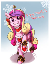 Size: 902x1161 | Tagged: safe, artist:lummh, princess cadance, alicorn, pony, bow, christmas, clothes, collar, cute, cutedance, grin, hair bow, happy, hearth's warming, jingle bells, looking at you, raised hoof, smiling, solo