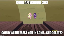 Size: 888x499 | Tagged: safe, derpibooru import, edit, edited screencap, screencap, fluttershy, twilight sparkle, twilight sparkle (alicorn), alicorn, pegasus, pony, the hooffields and mccolts, caption, chocolate with nuts, discovery family logo, female, image macro, mare, meme, spongebob squarepants