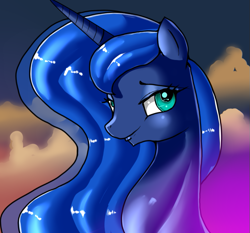 Size: 713x664 | Tagged: safe, artist:skyart301, princess luna, alicorn, pony, cloud, female, lidded eyes, mare, missing accessory, smiling, solo