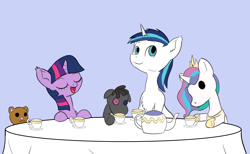 Size: 1782x1100 | Tagged: dead source, safe, artist:alloco, princess celestia, shining armor, smarty pants, twilight sparkle, alicorn, pony, unicorn, blue background, colt, cup, female, filly, filly twilight sparkle, male, plushie, simple background, tea party, teacup, teapot, younger