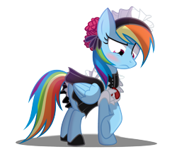 Size: 2185x1905 | Tagged: safe, artist:wicklesmack, rainbow dash, pegasus, pony, blushing, clothes, costume, cute, dashabetes, dressup, female, frown, maid, rainbow dash always dresses in style, simple background, solo, transparent background, unsure, vector