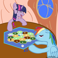 Size: 1000x1000 | Tagged: safe, artist:invidlord, rainbow dash, twilight sparkle, pegasus, pony, board game, bored, dice, happy, lol, the settlers of catan