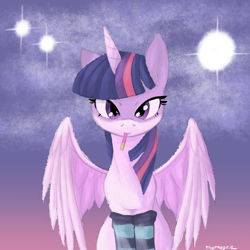 Size: 1000x1000 | Tagged: safe, artist:thattagen, derpibooru import, twilight sparkle, twilight sparkle (alicorn), alicorn, pony, clothes, female, food, lidded eyes, looking at you, mare, pocky, sitting, smiling, socks, sockypockytwi, solo, spread wings, striped socks