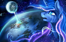 Size: 1665x1059 | Tagged: safe, artist:elkaart, princess luna, alicorn, pony, banishment, crying, earth, mare in the moon, moon, saturn, solo, space, stars