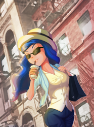 Size: 802x1080 | Tagged: safe, artist:the-park, princess luna, human, clothes, coffee, humanized, jeans, pants, shopping bags, solo, sunglasses