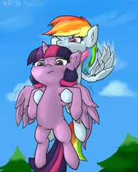 Size: 1040x1300 | Tagged: safe, artist:perinia, derpibooru import, rainbow dash, twilight sparkle, twilight sparkle (alicorn), alicorn, pegasus, pony, carrying, cute, female, flying, flying lesson, frown, looking down, mare, style emulation, sweat, tree, wink