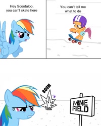 Size: 500x624 | Tagged: safe, rainbow dash, scootaloo, pegasus, pony, asdfmovie, comic, death, explosion, female, filly, helmet, mare, scootabuse, scooter, sign