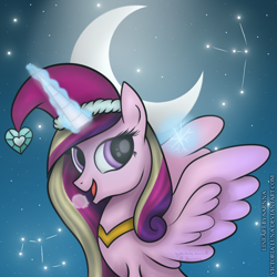 Size: 1000x1000 | Tagged: safe, artist:victoria-luna, princess cadance, alicorn, pony, constellation, crescent moon, hat, moon, night, night sky, santa hat, solo, stars, transparent moon