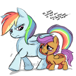 Size: 500x500 | Tagged: safe, artist:thestripedkit, rainbow dash, scootaloo, pegasus, pony, dialogue, fangasm