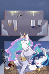 Size: 960x1440 | Tagged: safe, artist:cold-blooded-twilight, princess celestia, shining armor, oc, oc:blazing saddles, alicorn, pony, unicorn, comic:cold storm, clothes, comic, crown, dialogue, hoof shoes, magic, peytral, regalia, robe, spread wings, unshorn fetlocks, wings