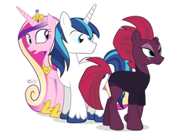 Size: 1125x850 | Tagged: safe, artist:dm29, fizzlepop berrytwist, princess cadance, shining armor, tempest shadow, alicorn, pony, unicorn, broken horn, distracted boyfriend meme, eye scar, female, looking back, male, mare, married couple, mohawk, scar, scared, shiningcadance, shiningshadow, shipping, simple background, stallion, straight, this will end in a night on the couch, transparent background, trio, unshorn fetlocks, walking