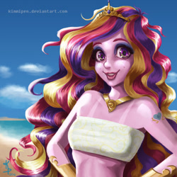 Size: 900x900 | Tagged: safe, artist:kimmipen, princess cadance, human, alternative cutie mark placement, beach, bikini, clothes, humanized, ocean, pony coloring, shoulder cutie mark, solo, swimsuit