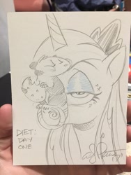 Size: 768x1024 | Tagged: safe, artist:andypriceart, princess luna, tiberius, alicorn, pony, cookie, food, monochrome, traditional art