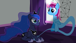 Size: 11200x6400 | Tagged: safe, artist:parclytaxel, princess luna, oc, oc:parcly taxel, alicorn, genie pony, pony, .svg available, absurd resolution, ain't never had friends like us, albumin flask, alicorn oc, bedroom, blinds, bottle, cremona-richmond configuration, floating, genie, glowing horn, horn ring, looking down, looking up, magic, math, prone, rubbing, smiling, vector, wallpaper, whiteboard, window, wish