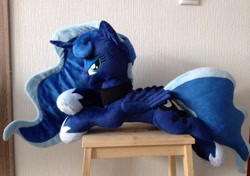 Size: 835x589 | Tagged: safe, artist:burgunzik, princess luna, pony, irl, photo, plushie, prone, solo, table