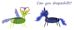 Size: 788x327 | Tagged: safe, artist:watermelon changeling, derpibooru exclusive, princess luna, thorax, alicorn, changedling, changeling, pony, celestial advice, ..., 1000 hours in ms paint, :, :c, equestrian pink heart of courage, frown, king thorax, magic, ms paint, simple background, spread wings, stick figure, white background, wings