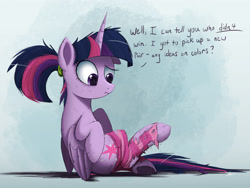 Size: 3500x2625 | Tagged: safe, artist:ncmares, derpibooru import, twilight sparkle, twilight sparkle (alicorn), alicorn, pony, alternate hairstyle, ask majesty incarnate, clothes, dialogue, female, frown, mare, sitting, socks, solo, striped socks, underhoof