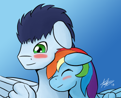 Size: 1280x1033 | Tagged: safe, artist:amnease, rainbow dash, soarin', pegasus, pony, female, male, shipping, soarindash, straight