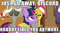 Size: 610x343 | Tagged: safe, derpibooru import, discord, twilight sparkle, twilight sparkle (alicorn), alicorn, pony, what about discord?, annoyed, dialogue, female, image macro, mare, meme