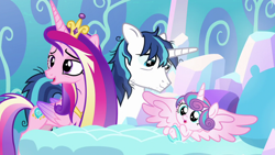 Size: 1280x720 | Tagged: safe, screencap, princess cadance, princess flurry heart, shining armor, alicorn, pony, unicorn, the crystalling, baby, baby pony, family, female, frazzled, male, mare, messy mane, spread wings, stallion, trio, wings