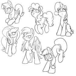 Size: 1280x1280 | Tagged: safe, artist:acersiii, derpibooru import, applejack, fluttershy, pinkie pie, rainbow dash, rarity, twilight sparkle, twilight sparkle (alicorn), alicorn, earth pony, pegasus, pony, unicorn, female, mane six, mare, monochrome