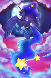 Size: 662x1008 | Tagged: safe, artist:dinkelion, princess luna, alicorn, pony, color porn, flying, looking at you, looking back, looking back at you, moon, solo, stars