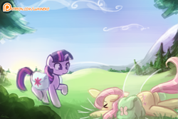 Size: 1125x750 | Tagged: safe, artist:lumineko, derpibooru import, fluttershy, twilight sparkle, twilight sparkle (alicorn), alicorn, pegasus, pony, the hooffields and mccolts, faceplant, falling, female, heavy, mare, patreon, patreon logo, plot, saddle bag