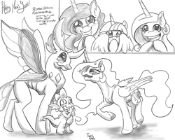 Size: 1024x820 | Tagged: safe, artist:firimil, princess cadance, princess celestia, princess luna, spike, thorax, twilight sparkle, twilight sparkle (alicorn), alicorn, changedling, changeling, dragon, pony, alicorn tetrarchy, blushing, drunk, drunklestia, flirting, grin, king thorax, male, monochrome, shipping, smiling, straight, thoralestia