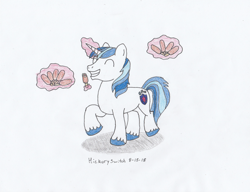 Size: 1600x1230 | Tagged: safe, artist:hickory17, shining armor, pony, unicorn, corn, corndog, food, magic, male, prancing, sausage, show accurate, simple background, smiling, that pony sure does love corn dogs, traditional art, white background