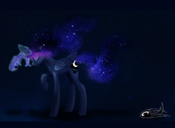 Size: 822x605 | Tagged: safe, artist:eugenchen, princess luna, alicorn, pony, eyes closed, female, galaxy mane, galaxy tail, magic, mare, raised hoof, solo, telekinesis